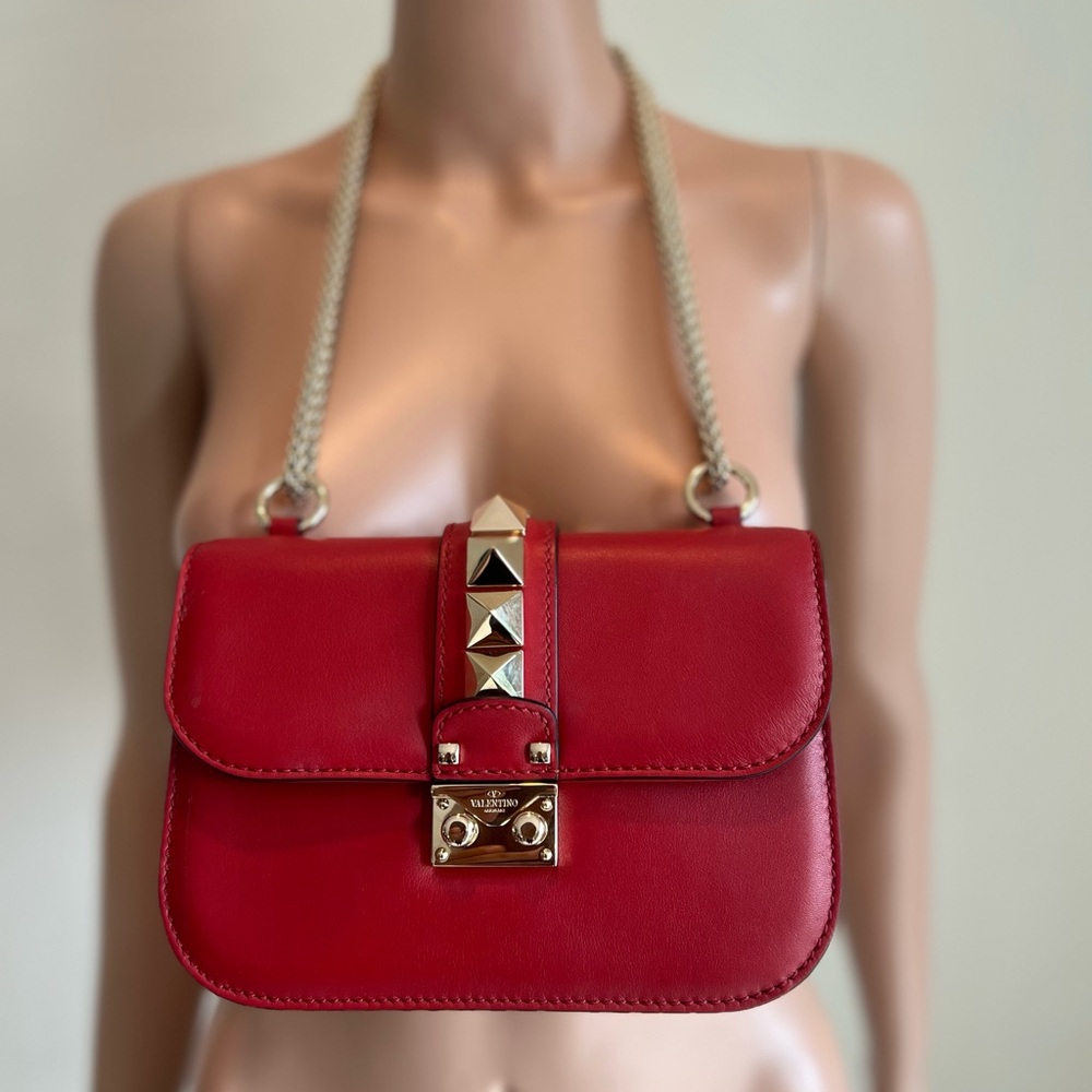 Valentino Small Red Purse Rock-Stud Glam Lock Leather Chain Crossbody Satchel